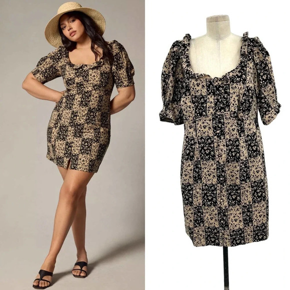 Anthropologie Ruffled Puff-Sleeve Dress Floral Patchwork Black Tan Plus Size 16W - Picture 1 of 10